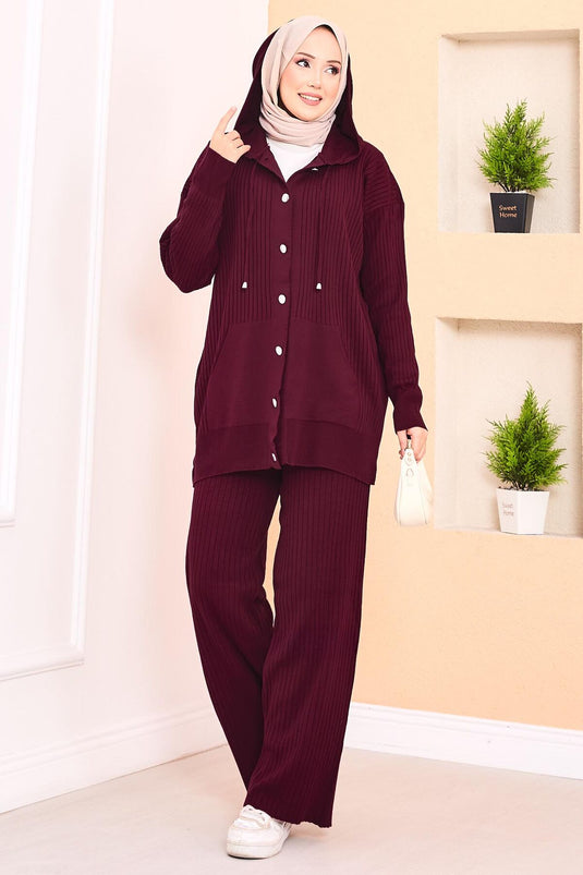 Ribbed Hooded Pocket Knitwear Hijab Suit Claret Red