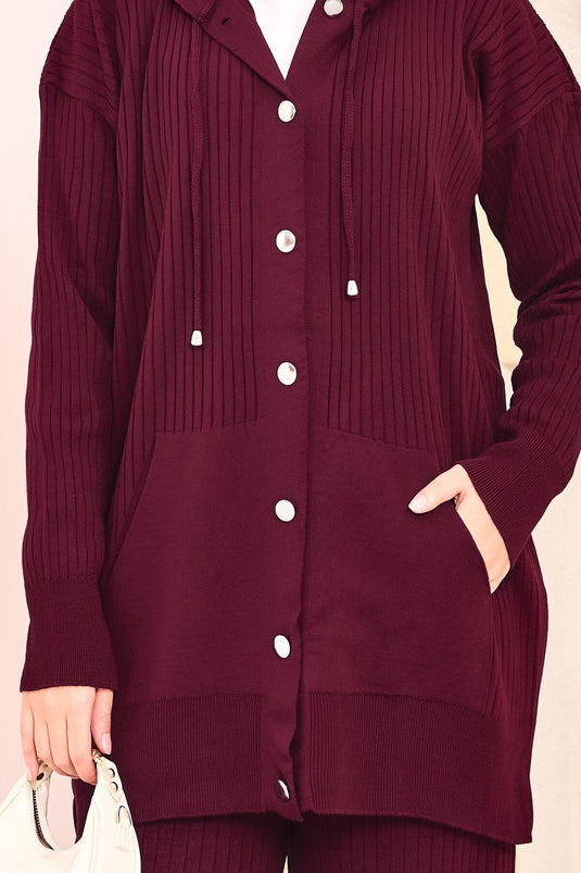 Ribbed Hooded Pocket Knitwear Hijab Suit Claret Red