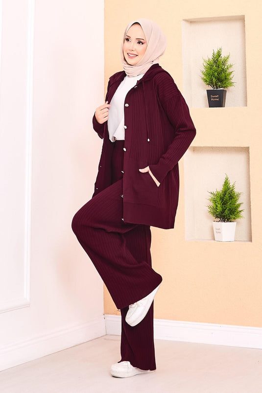Ribbed Hooded Pocket Knitwear Hijab Suit Claret Red