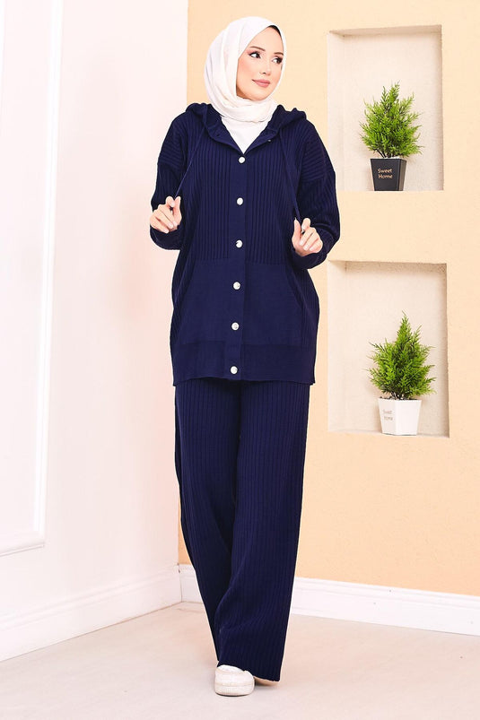 Ribbed Hooded Pocket Knitwear Hijab Suit Navy Blue