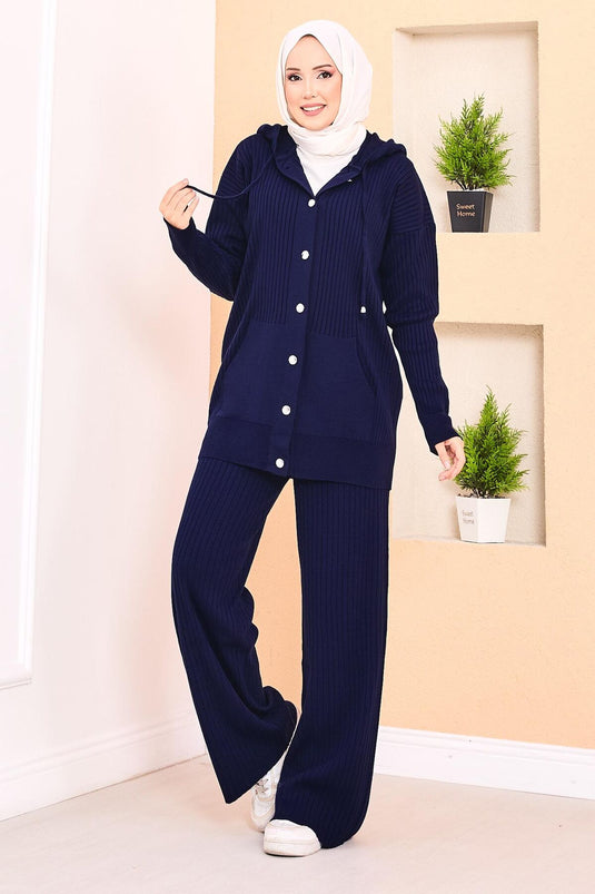 Ribbed Hooded Pocket Knitwear Hijab Suit Navy Blue