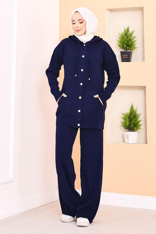 Ribbed Hooded Pocket Knitwear Hijab Suit Navy Blue