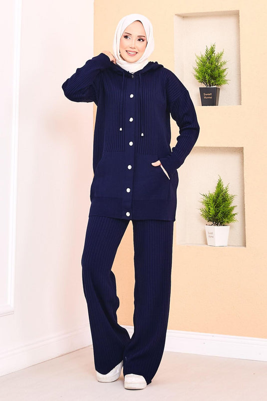 Ribbed Hooded Pocket Knitwear Hijab Suit Navy Blue