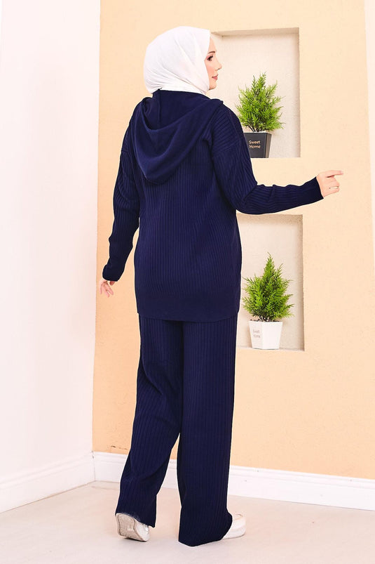 Ribbed Hooded Pocket Knitwear Hijab Suit Navy Blue