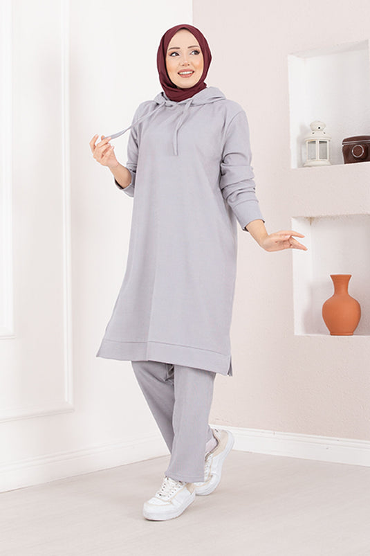 Ribbed Hooded Hijab Two-Piece Set Grey