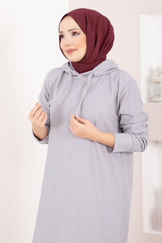 Ribbed Hooded Hijab Two-Piece Set Grey