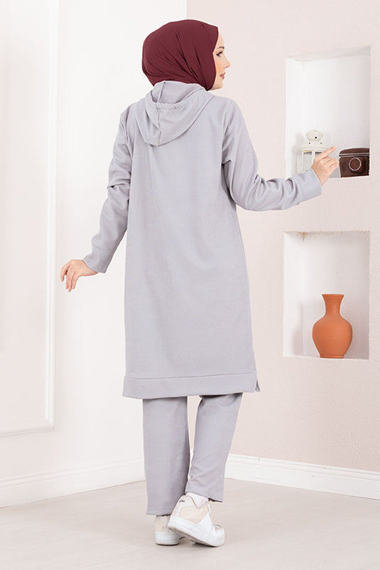 Ensemble deux pièces hijab à capuche côtelé gris