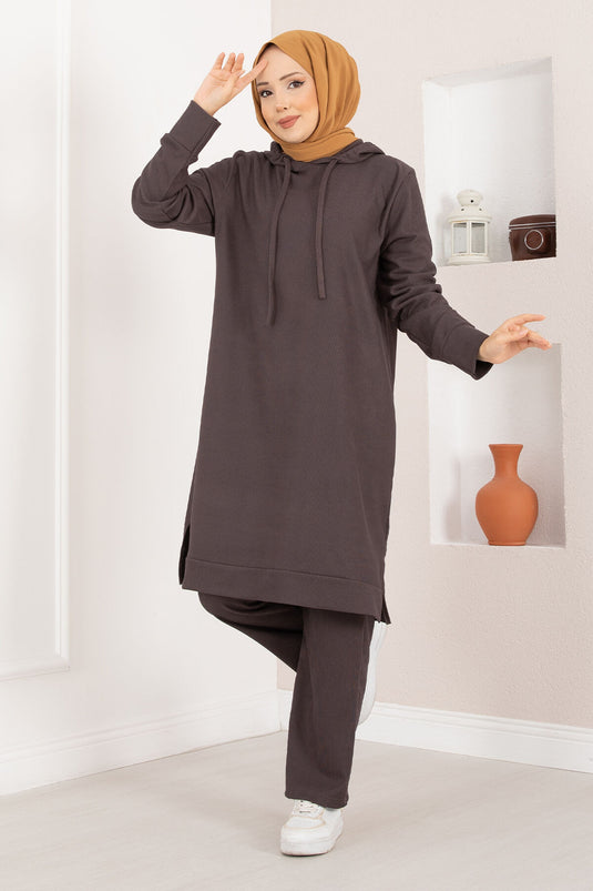 Ribbed Hooded Hijab Two-Piece Set in Coffee Brown