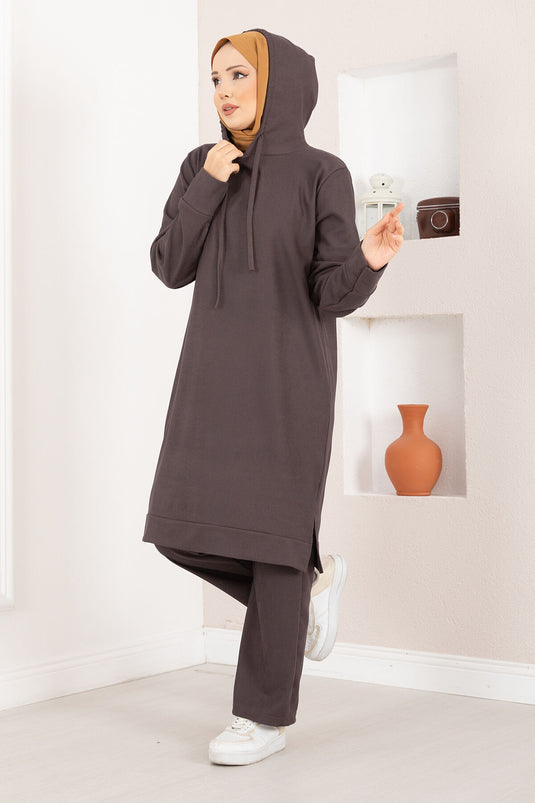 Ensemble deux pièces hijab à capuche côtelé couleur café