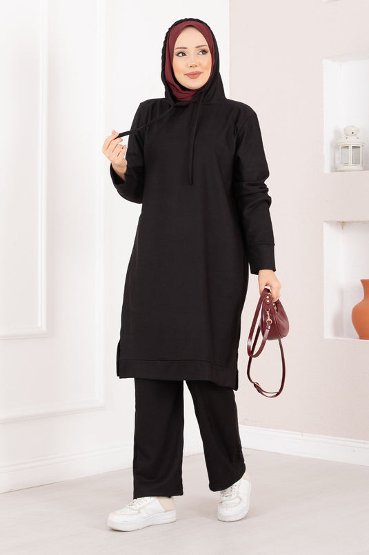 Fitilli Kapüşonlu Tesettür İkili Takım Siyah