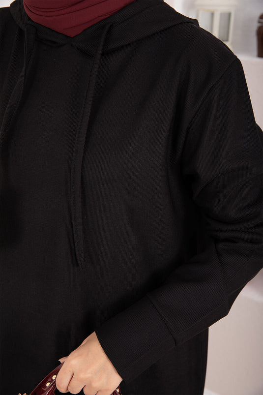 Ensemble deux pièces hijab à capuche côtelé, noir