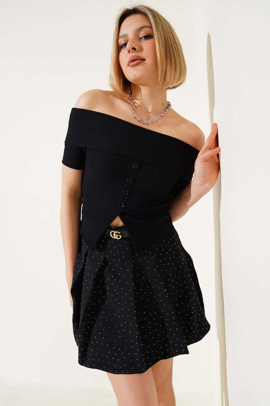 Ribbed Boat Neck Blouse Black