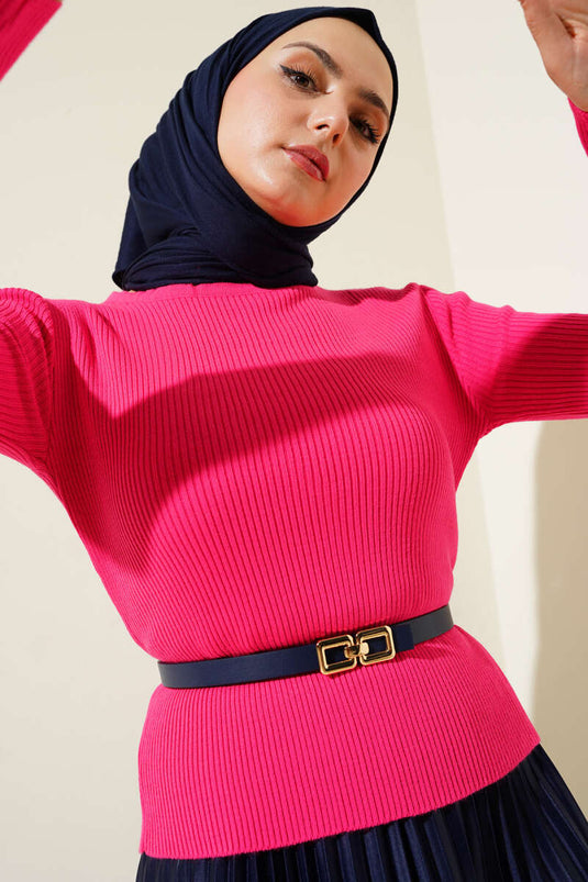 Ribbed Collar Buttoned Knit Sweater Fuchsia