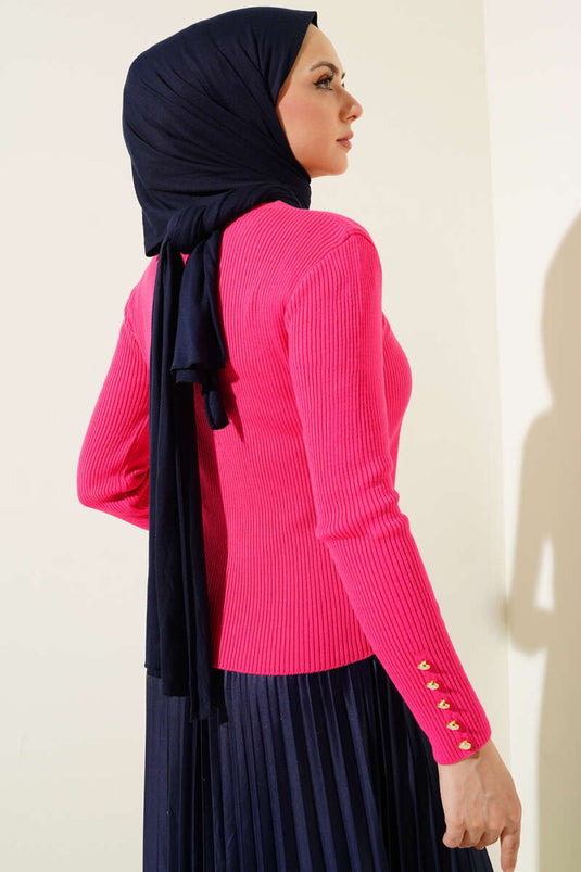 Ribbed Collar Buttoned Knit Sweater Fuchsia