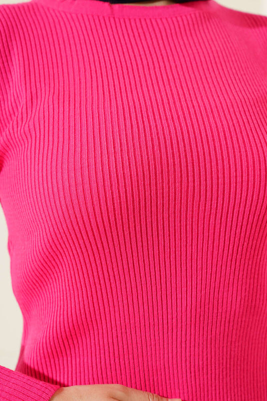 Ribbed Collar Buttoned Knit Sweater Fuchsia