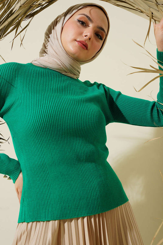 Ribbed Collar Buttoned Knit Sweater Emerald