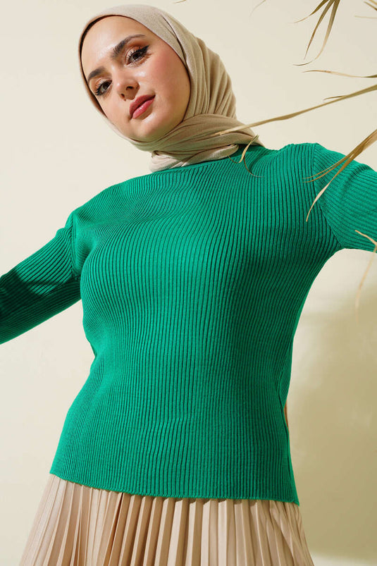 Ribbed Collar Buttoned Knit Sweater Emerald