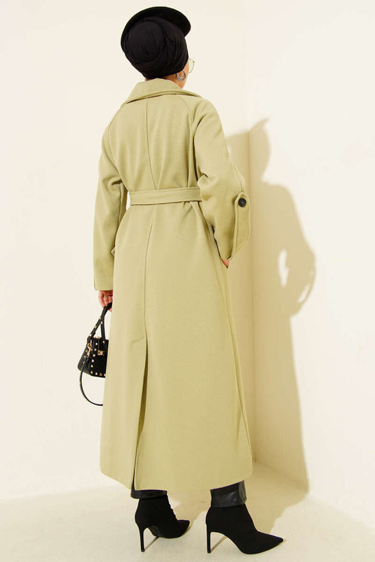 Fitilli Kuşaklı Kaşe Kaban Mint