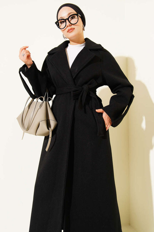Corduroy Belted Cashmere Coat Black