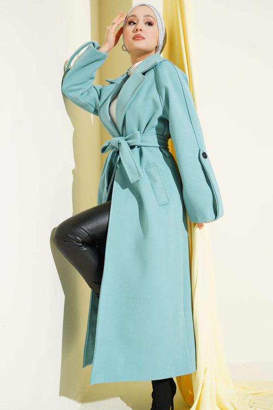 Turquoise Corduroy Belted Cashmere Coat