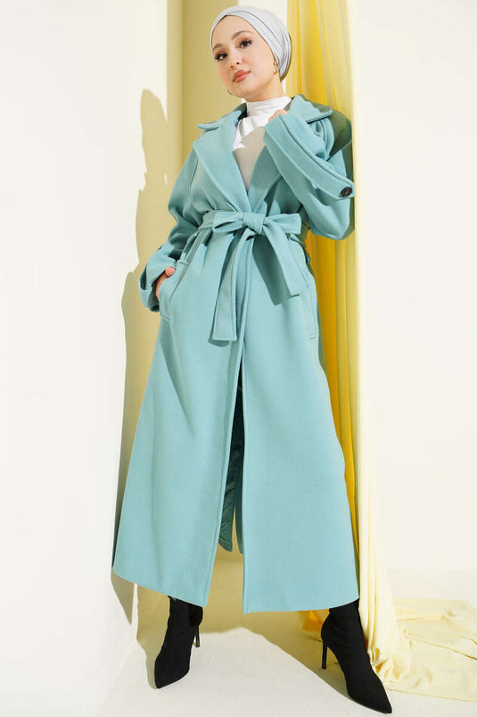 Turquoise Corduroy Belted Cashmere Coat