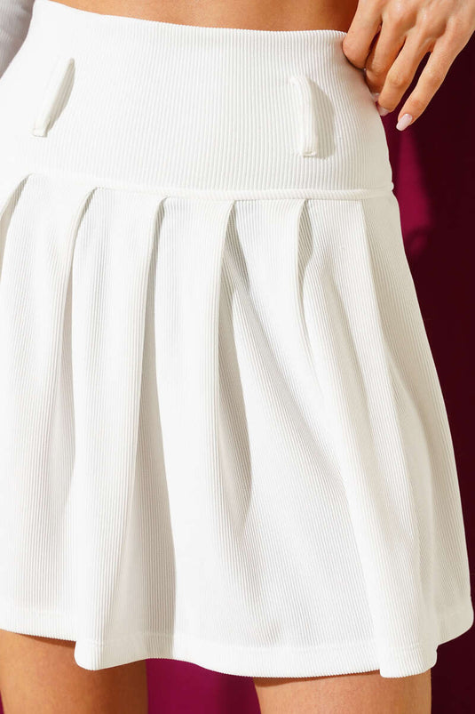 Fitilli Pileli Mini Etek Beyaz