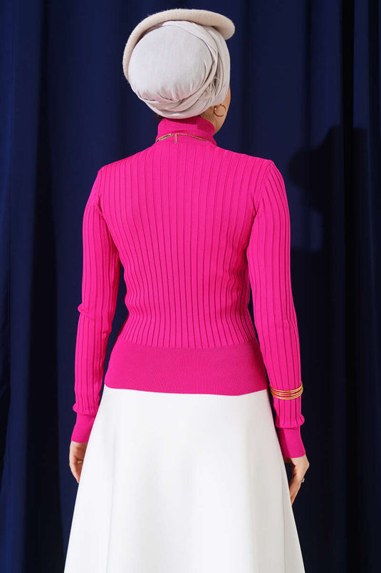 Pull en maille côtelée à col roulé fuchsia