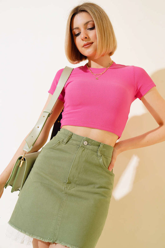 Crop Top En Maille Côtelé Fuchsia