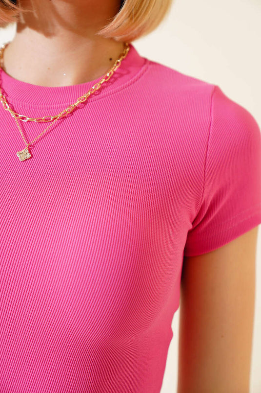 Crop Top En Maille Côtelé Fuchsia