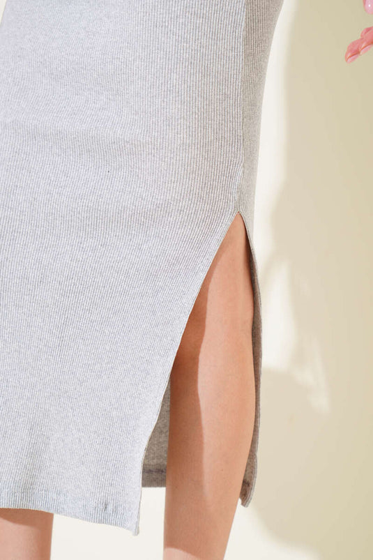 Ribbed Slit Midi Pencil Skirt Gray