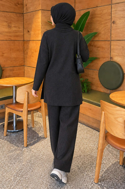 Ensemble Deux Pièces En Tricot À Fente Rayée Anthracite