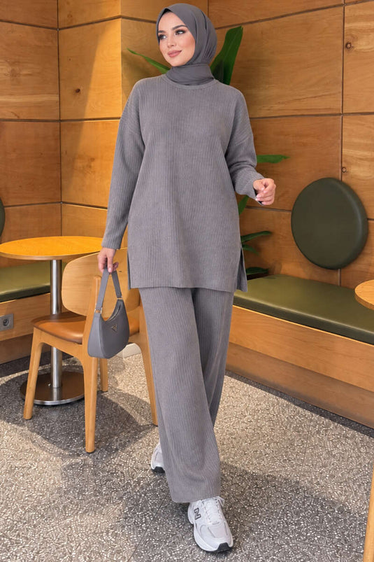 Herringbone Slit Knit Two-Piece Set In Smoke Grey