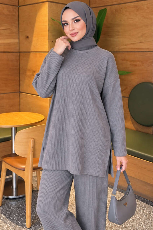Herringbone Slit Knit Two-Piece Set In Smoke Grey