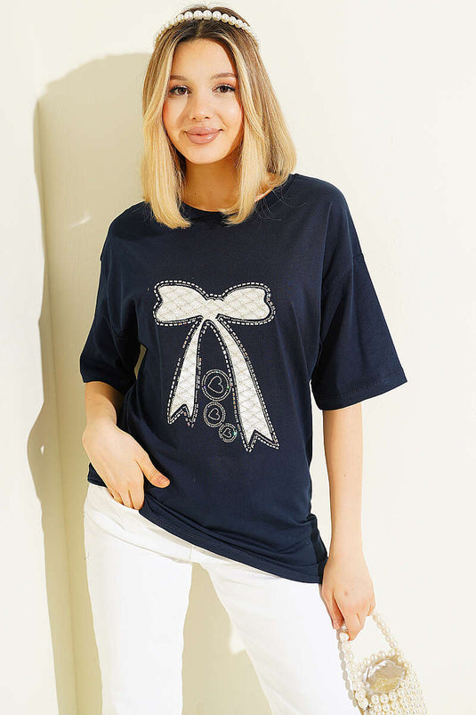 Fiyonk bedrucktes Mini-T-Shirt mit Steinen, Marineblau
