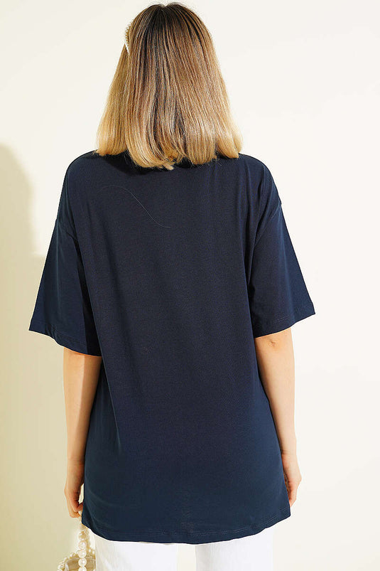 Fiyonk bedrucktes Mini-T-Shirt mit Steinen, Marineblau