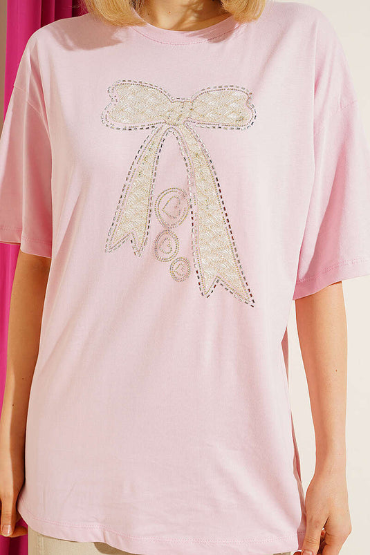 Fiyonk bedrucktes Mini-T-Shirt mit Steinen, Pink