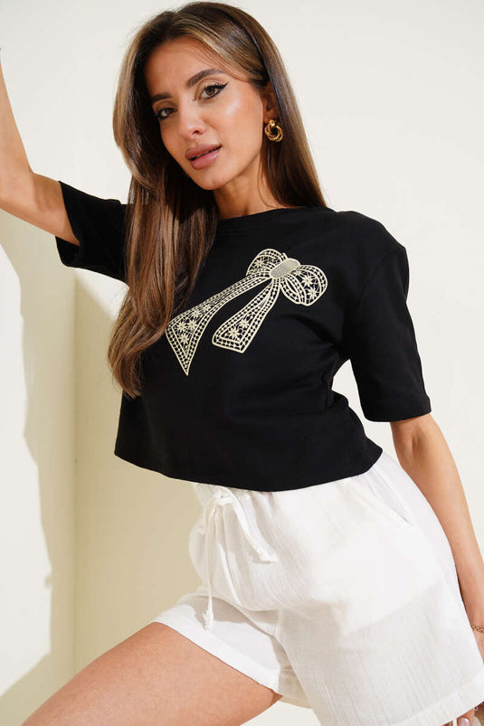 T-shirt noir imprimé nœud