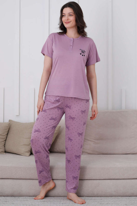 Bow Pattern Buttoned Pajama Set Lilac