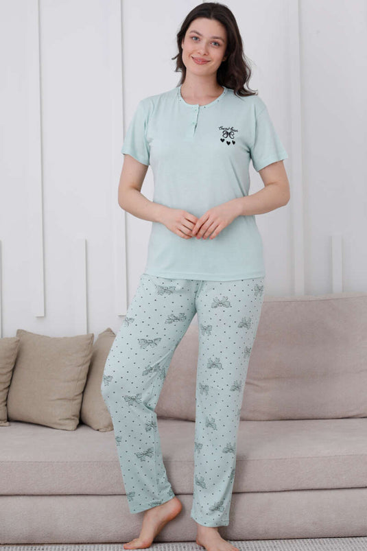 Ensemble pyjama à boutons et motif nœud papillon, couleur menthe