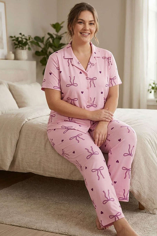 Bow Detail Plus Size Short Sleeve Pajama Set Pink