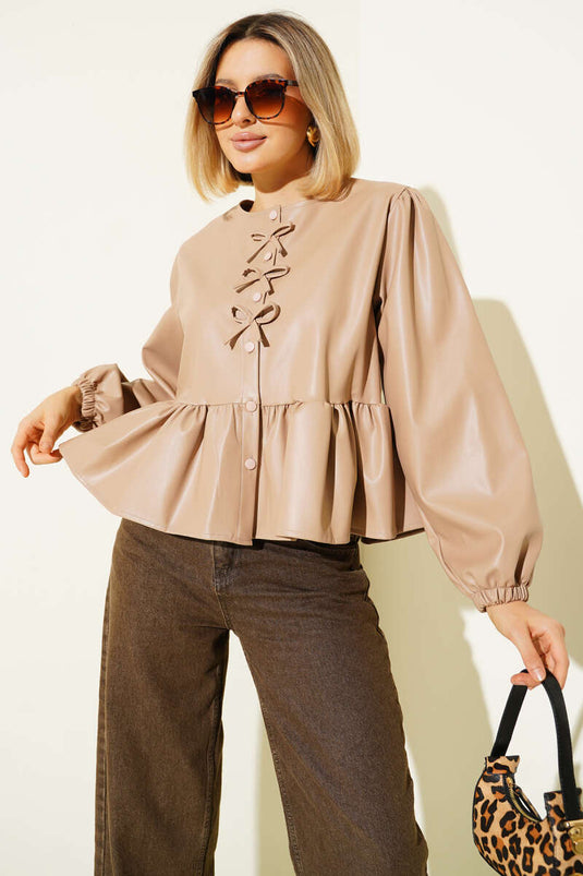 Veste en cuir avec nœud papillon couleur latte