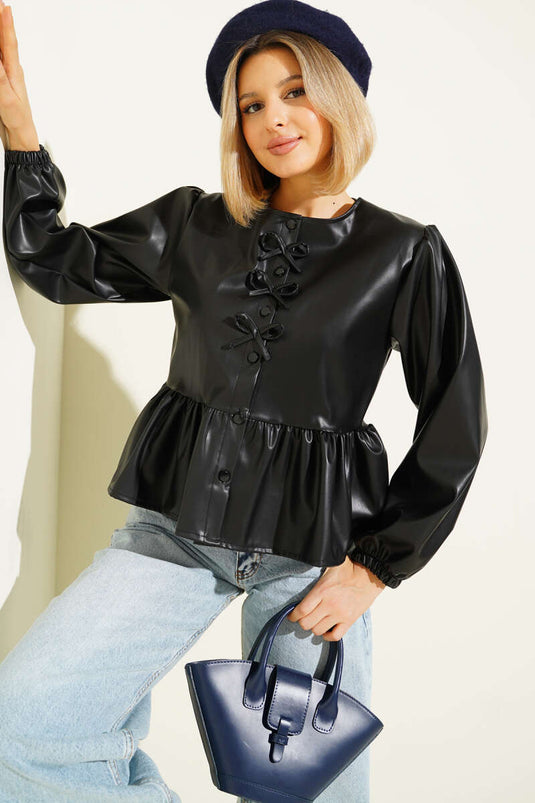 Fiyonk Detaylı Deri Ceket Siyah
