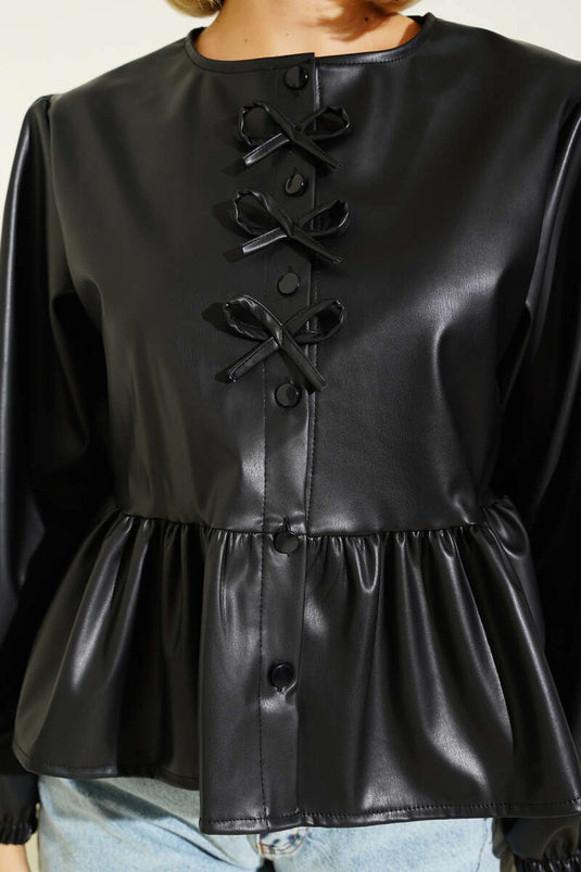 Fiyonk Detaylı Deri Ceket Siyah