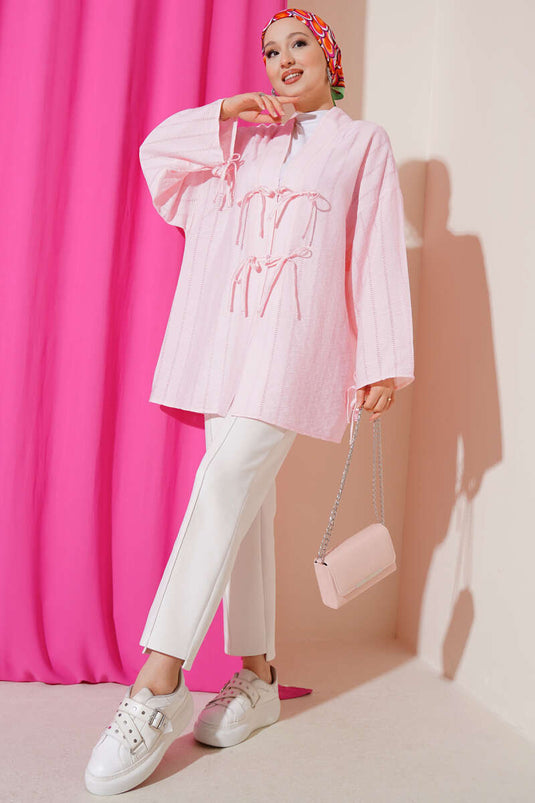 Fiyonk Detaylı Düğmeli Kimono Pembe