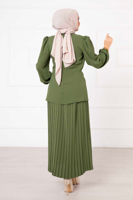 Ensemble hijab double avec jupe et nœud détaillés, kaki