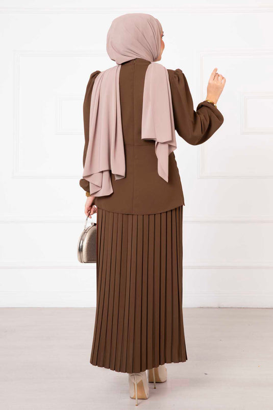 Ensemble hijab double avec jupe et nœud détaillés, marron