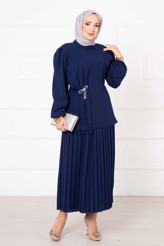 Ensemble hijab double avec jupe et nœuds bleu marine