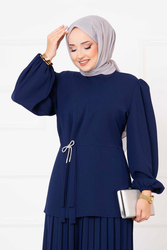 Ensemble hijab double avec jupe et nœuds bleu marine