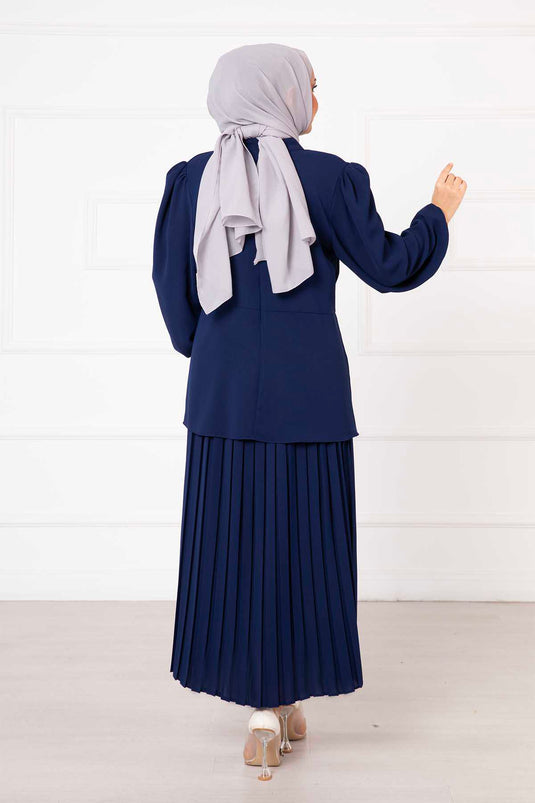 Ensemble hijab double avec jupe et nœuds bleu marine