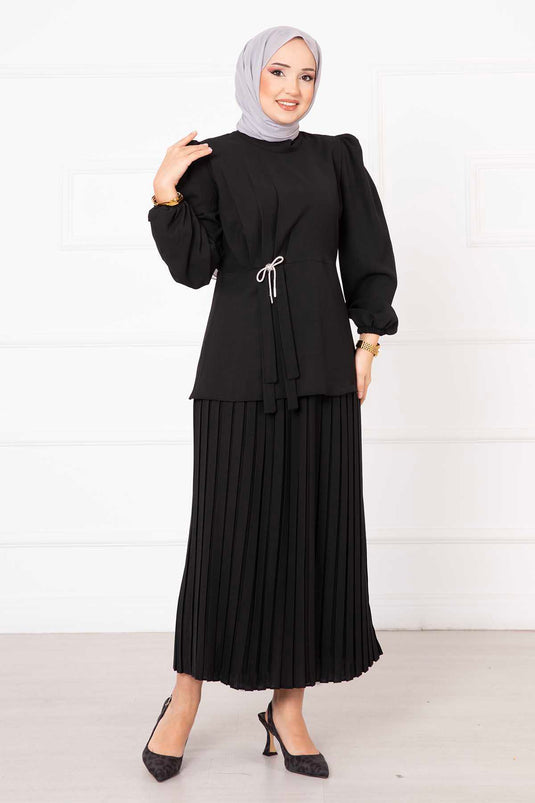 Traje de hijab doble con falda y detalle de lazo en color negro